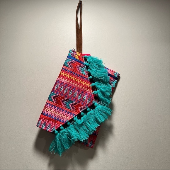 Ethnic Boho Large Clutch Suede Wristlet Bag Handmade Embroidery Tassels Indi NEW - Picture 3 of 16